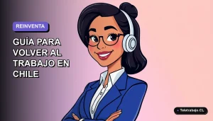 Ilustración vectorial plana de una mujer profesional chilena sonriendo, con camisa blanca y chaqueta azul, sobre fondo degradado lavanda y blanco. Concepto de reinserción laboral.