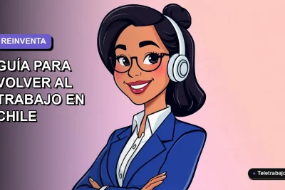 Ilustración vectorial plana de una mujer profesional chilena sonriendo, con camisa blanca y chaqueta azul, sobre fondo degradado lavanda y blanco. Concepto de reinserción laboral.