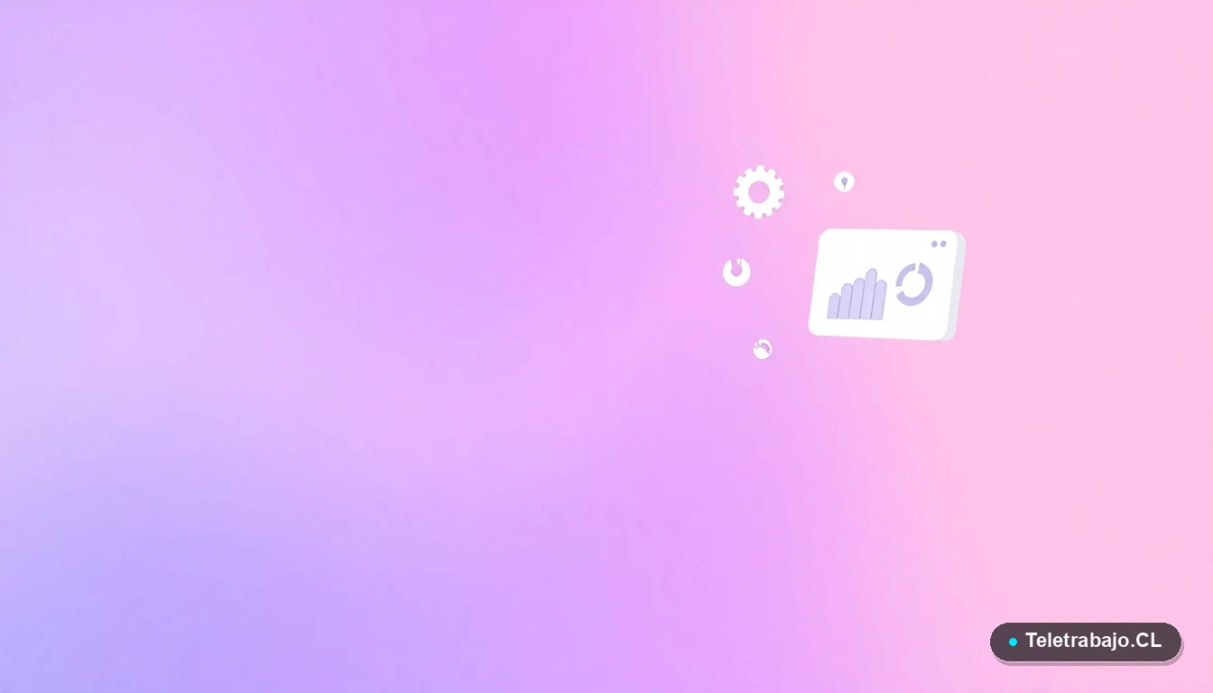 Ilustración abstracta de interfaz de usuario con gráficos y engranajes flotantes en estilo vectorial plano, sobre fondo degradado lila. Concepto de tecnología y reinvención profesional.