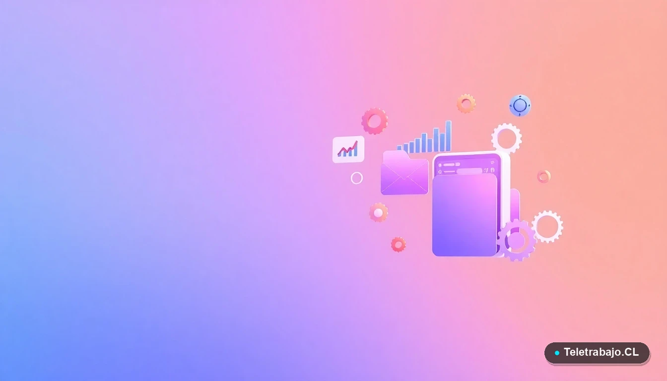 Composición abstracta de interfaz tecnológica con gráficos y engranajes flotantes en colores lavanda y durazno, ilustración plana vectorial sobre fondo degradado.