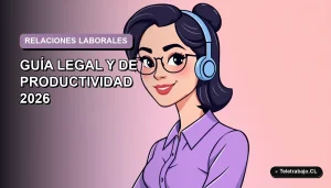 Ilustración plana corporativa de una trabajadora chilena sonriente con blusa lila, sobre fondo degradado lavanda, representando relaciones personales en el entorno laboral.