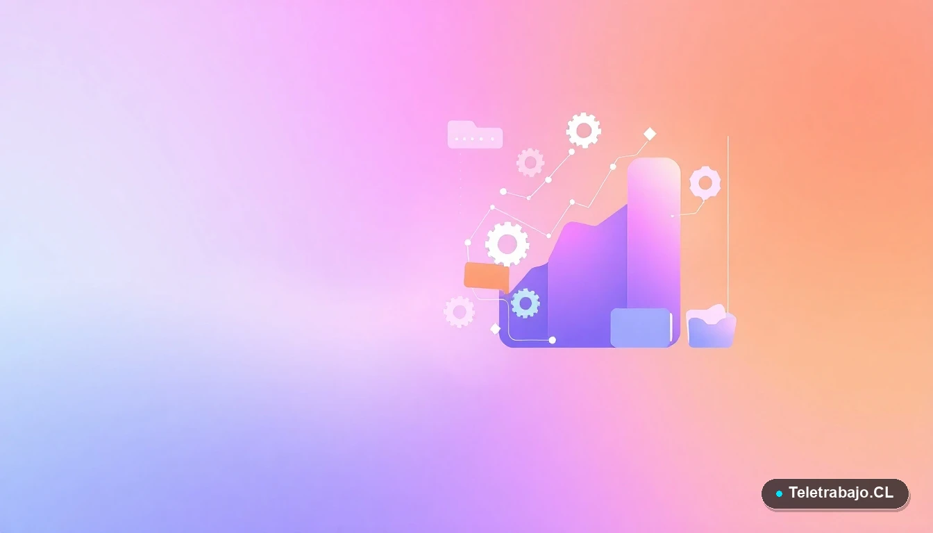 Composición abstracta de interfaz de usuario con gráficos flotantes, engranajes y carpetas, sobre fondo degradado azul verdoso a lila, representando productividad y datos en el trabajo.