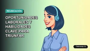 Ilustración plana vectorial de una mujer profesional chilena con blusa azul y corte bob, sonriendo, sobre fondo degradado verde azulado. Representa oportunidades de relocalización laboral en Chile para 2026.