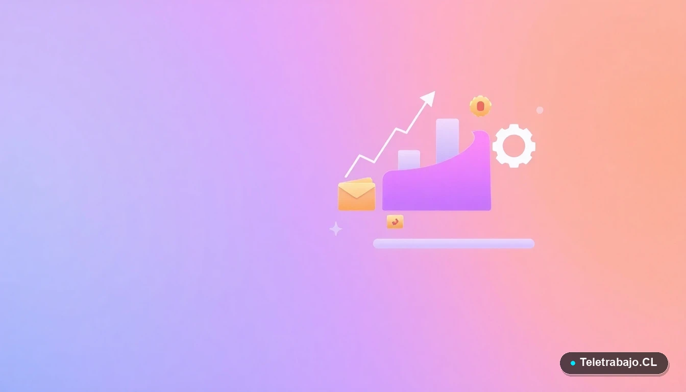 Composición abstracta de interfaz de usuario tecnológica con gráficos, engranajes y carpetas flotantes en tonos lavanda y durazno, sobre fondo degradado. Representa habilidades digitales y análisis de datos para la relocalización laboral en Chile.