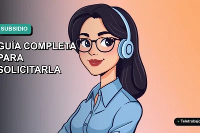 Ilustración plana de mujer profesional con laptop, fondo degradado azul y verde, concepto de Renta Mínima de Inserción.