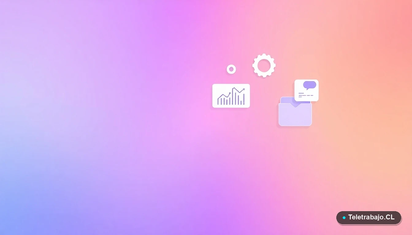 Elementos gráficos abstractos de interfaz de usuario con gráficos y engranajes, fondo degradado lila y durazno, concepto de trámite digital y beneficios.