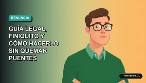 Ilustración vectorial plana de un trabajador masculino de tecnología con suéter verde, sobre un fondo degradado azul verdoso. Representa la guía legal para renunciar en Chile.