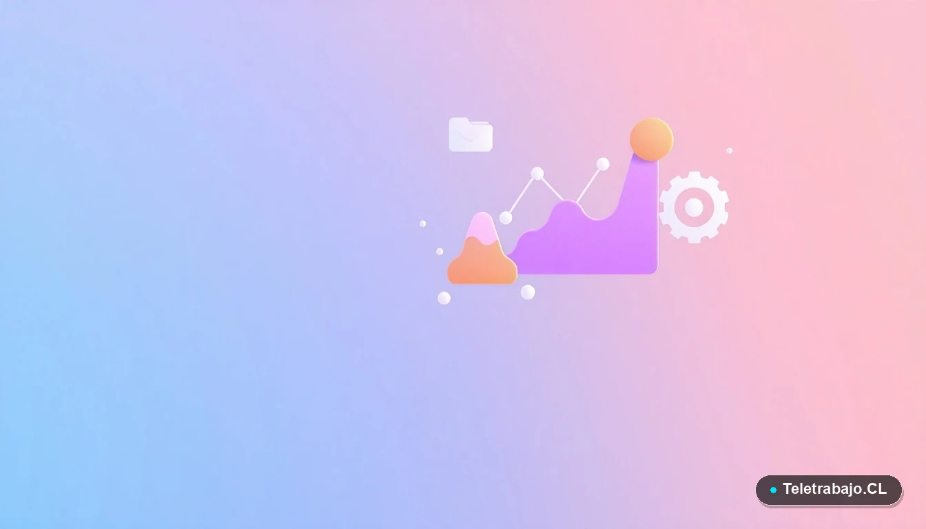 Composición abstracta de interfaz de usuario con gráficos, engranajes y carpetas flotantes en colores lavanda y durazno, sobre fondo degradado. Concepto de procesos laborales y legalidad tecnológica.