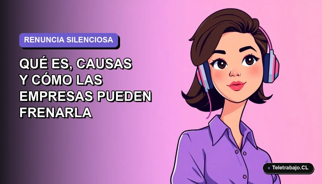 Ilustración vectorial plana de una trabajadora remota chilena con expresión neutra, representando la renuncia silenciosa en un entorno corporativo moderno con fondo degradado lavanda.