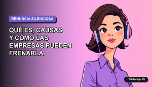 Ilustración vectorial plana de una trabajadora remota chilena con expresión neutra, representando la renuncia silenciosa en un entorno corporativo moderno con fondo degradado lavanda.