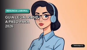 Ilustración plana corporativa de una mujer profesional chilena con blusa azul, mirando con decisión, sobre fondo degradado verde azulado. Concepto de renuncia laboral.
