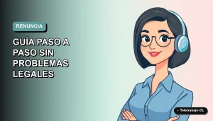 Ilustración plana corporativa de una mujer profesional chilena con blusa azul y corte bob, sobre un fondo degradado suave, representando la decisión de renunciar a un trabajo de manera informada.