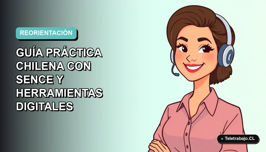 Ilustración vectorial plana de una mujer profesional chilena sonriendo, con fondo degradado azul verdoso. Representa la reorientación laboral con herramientas digitales y SENCE.