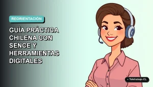 Ilustración vectorial plana de una mujer profesional chilena sonriendo, con fondo degradado azul verdoso. Representa la reorientación laboral con herramientas digitales y SENCE.