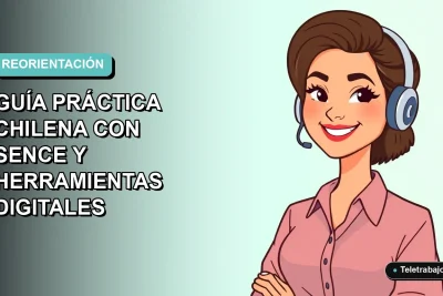 Ilustración vectorial plana de una mujer profesional chilena sonriendo, con fondo degradado azul verdoso. Representa la reorientación laboral con herramientas digitales y SENCE.