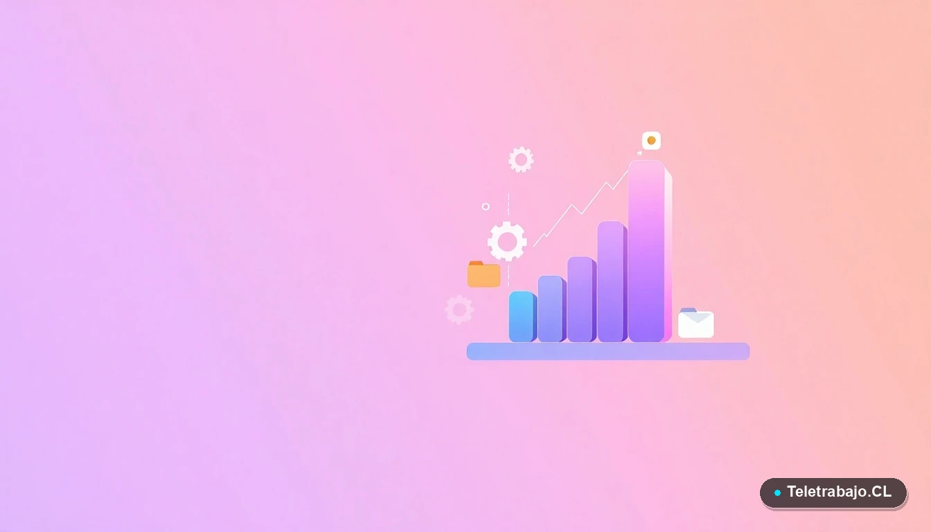 Ilustración abstracta de interfaz tecnológica con gráficos, engranajes y carpetas flotantes, sobre fondo degradado lila y durazno. Representa herramientas digitales para el desarrollo profesional.