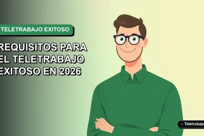 Ilustración plana corporativa de un trabajador remoto masculino con suéter verde, sobre fondo degradado suave. Espacio negativo a la izquierda.