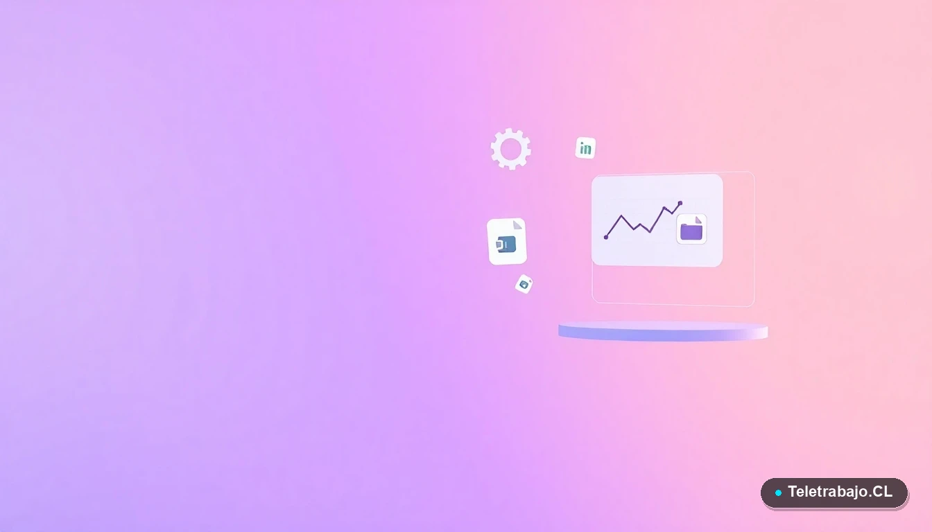 Composición abstracta de interfaz de usuario con gráficos y íconos flotantes, estilo ilustración plana, sobre fondo degradado lila.