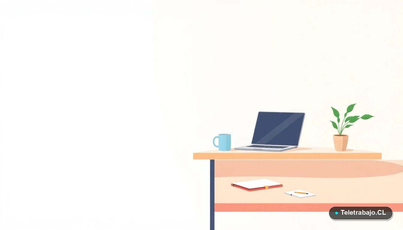 Escritorio moderno con laptop y artículos de oficina, representando la preparación para trabajar en España.