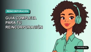 Ilustración vectorial plana de una mujer profesional trabajando desde casa, con fondo degradado azul verdoso. Representa la reserva del puesto de trabajo en Chile.