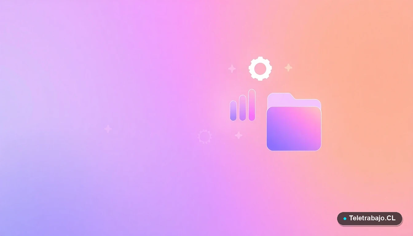 Ilustración abstracta de interfaz de usuario con gráficos y iconos flotantes, representando conceptos tecnológicos y procesos laborales, con fondo degradado lavanda.