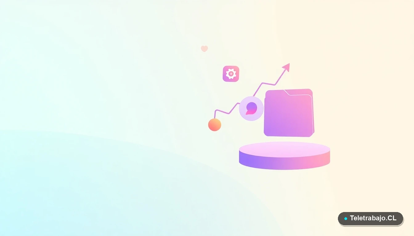 Elementos abstractos de interfaz de usuario: gráfico, engranaje y carpeta en colores lavanda y durazno, sobre fondo verde menta. Concepto de tecnología y crecimiento profesional.