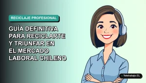 Ilustración vectorial plana de una mujer profesional chilena sonriendo, con blusa azul y corte bob, sobre fondo degradado verde azulado. Concepto de reciclaje laboral y futuro del trabajo.