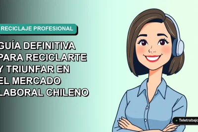 Ilustración vectorial plana de una mujer profesional chilena sonriendo, con blusa azul y corte bob, sobre fondo degradado verde azulado. Concepto de reciclaje laboral y futuro del trabajo.