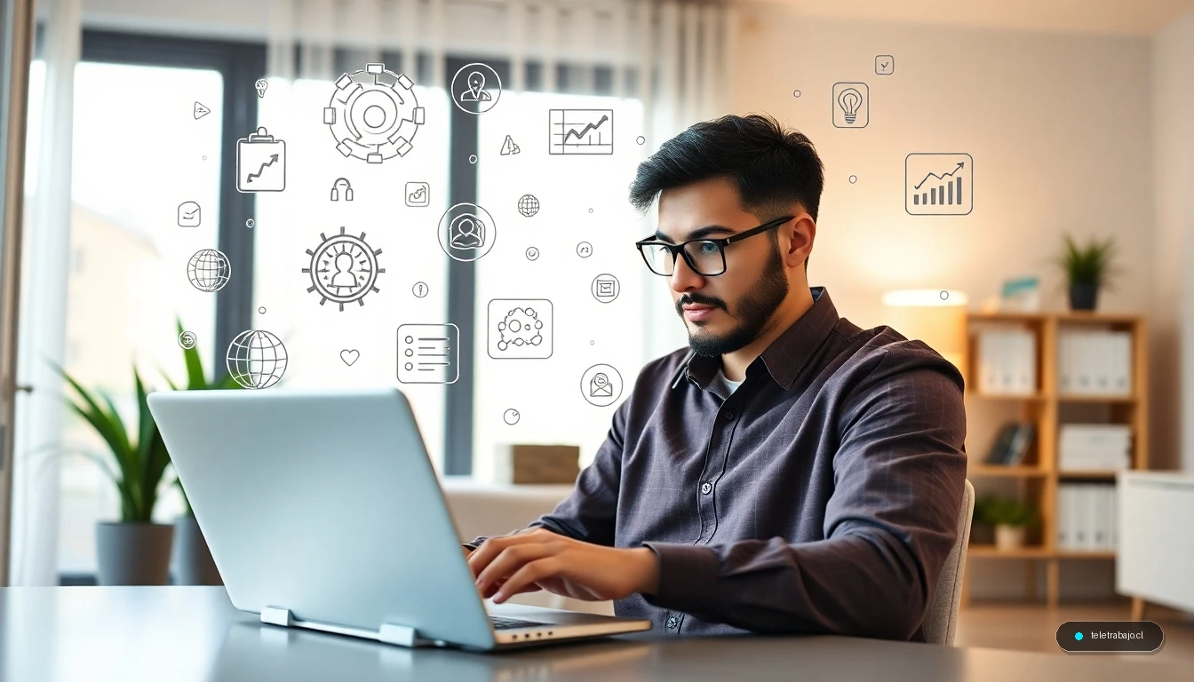 Profesional moderno realizando reskilling en un entorno de teletrabajo con herramientas digitales