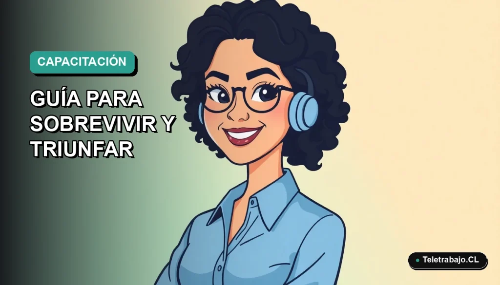 Ilustración plana vectorial de una trabajadora chilena sonriente con blusa azul, sobre fondo degradado verde azulado, representando el reskilling profesional en 2026.