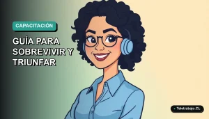 Ilustración plana vectorial de una trabajadora chilena sonriente con blusa azul, sobre fondo degradado verde azulado, representando el reskilling profesional en 2026.