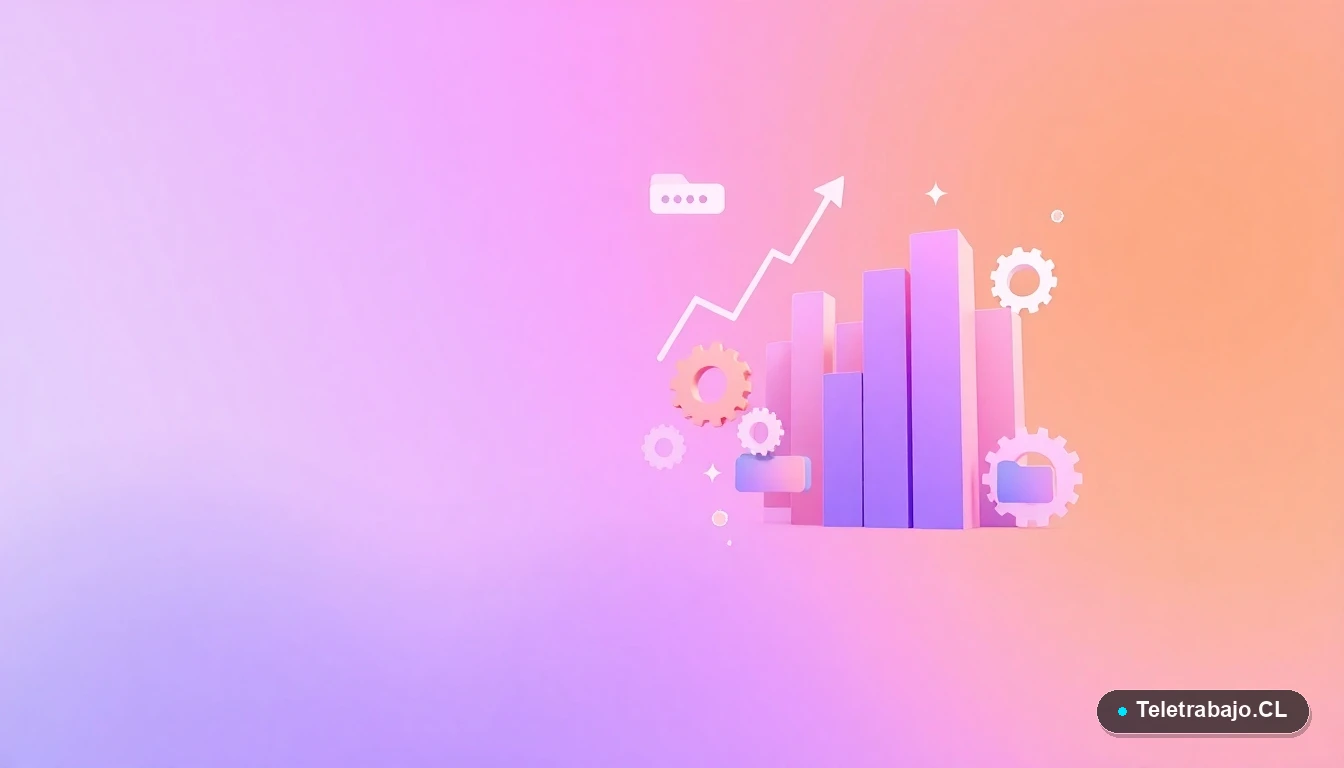 Composición abstracta de interfaz de usuario con gráficos, engranajes y carpetas flotantes en tonos lavanda y durazno, concepto de tecnología y capacitación para el reskilling.