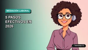 Ilustración plana corporativa de una trabajadora de tecnología sonriente, con fondo degradado azul verdoso, sobre la resolución de conflictos laborales.