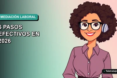 Ilustración plana corporativa de una trabajadora de tecnología sonriente, con fondo degradado azul verdoso, sobre la resolución de conflictos laborales.