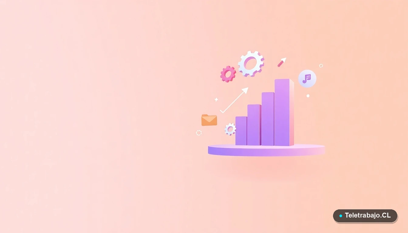 Elementos de interfaz de usuario abstractos: gráficos, engranajes y carpetas flotantes en tonos lavanda y durazno, sobre fondo degradado, concepto de resolución sistémica.