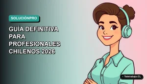 Ilustración vectorial plana de una profesional chilena de teletrabajo sonriendo, con fondo degradado azul verdoso. Representa la guía definitiva para resolver problemas laborales en 2026.