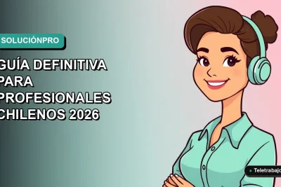Ilustración vectorial plana de una profesional chilena de teletrabajo sonriendo, con fondo degradado azul verdoso. Representa la guía definitiva para resolver problemas laborales en 2026.