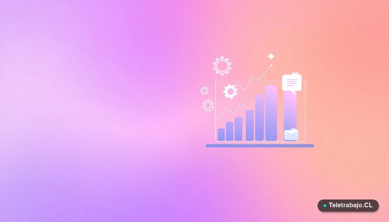 Ilustración abstracta de interfaz de usuario con gráficos flotantes y engranajes, sobre fondo degradado lila y durazno. Concepto visual de resolución de problemas y datos.