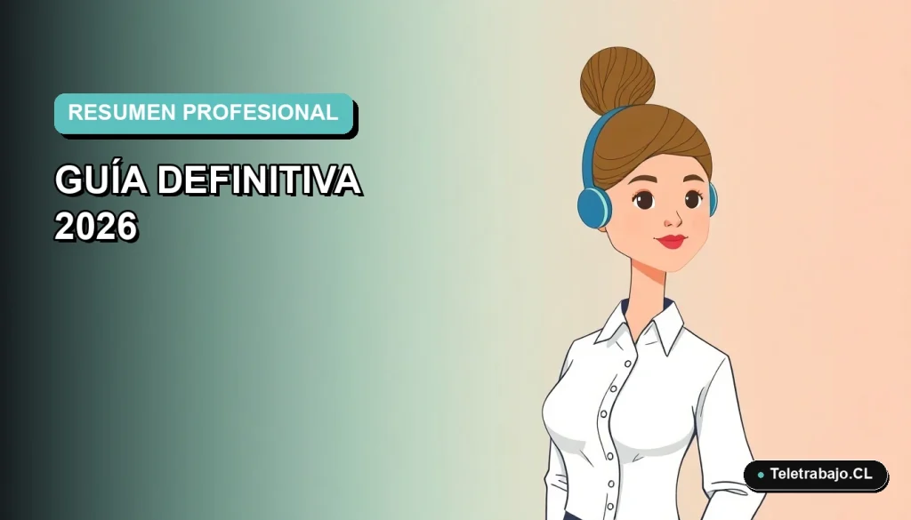 Ilustración plana corporativa de una mujer profesional de teletrabajo con camisa blanca y pelo recogido, sobre un fondo degradado azul verdoso.
