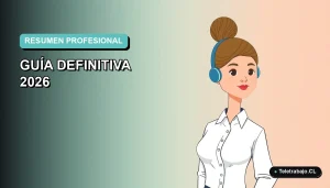 Ilustración plana corporativa de una mujer profesional de teletrabajo con camisa blanca y pelo recogido, sobre un fondo degradado azul verdoso.