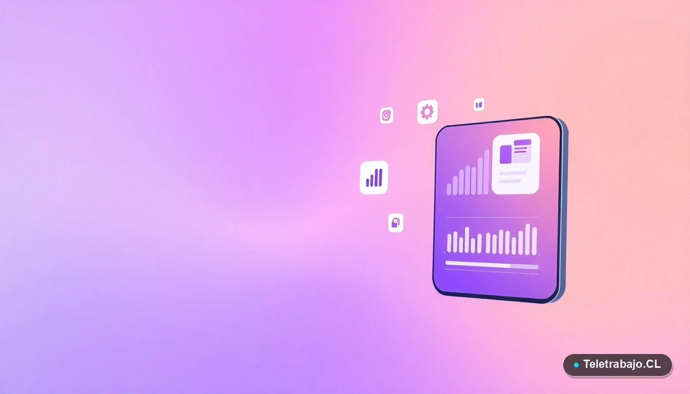 Ilustración abstracta de interfaz de usuario con gráficos y iconos flotantes, sobre un fondo degradado lila, representando conceptos tecnológicos modernos.