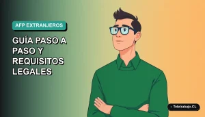 Ilustración vectorial plana de un trabajador extranjero consultando información sobre su AFP en Chile, fondo degradado verde azulado.