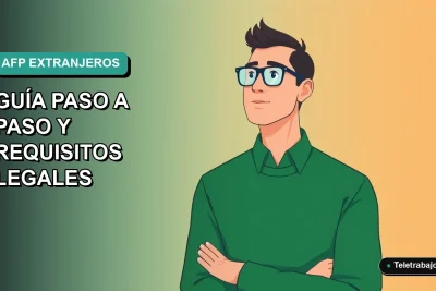 Ilustración vectorial plana de un trabajador extranjero consultando información sobre su AFP en Chile, fondo degradado verde azulado.