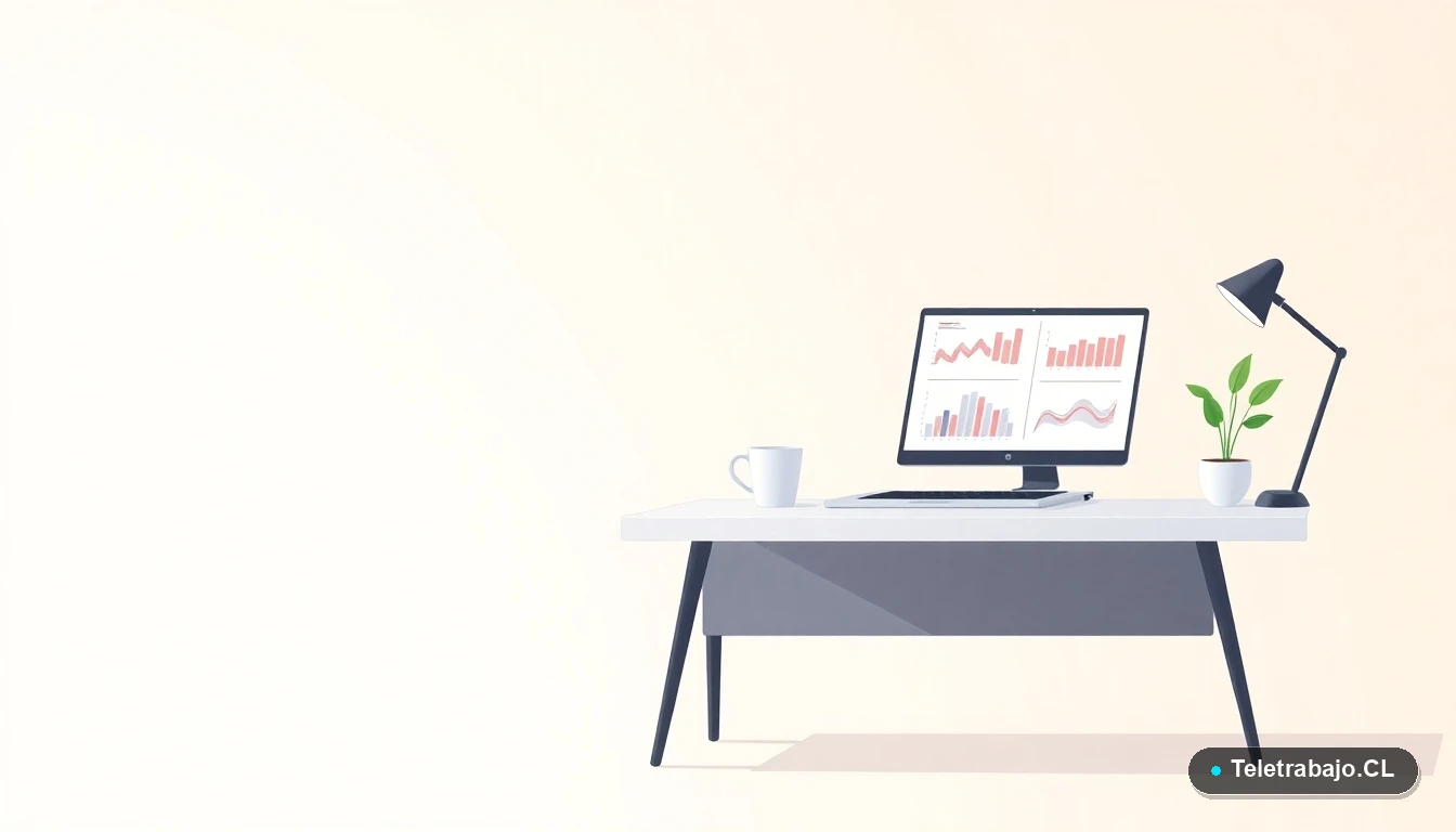 Escritorio moderno vacío con laptop, gráficos abstractos y una planta, representando la gestión digital de fondos de AFP para extranjeros.