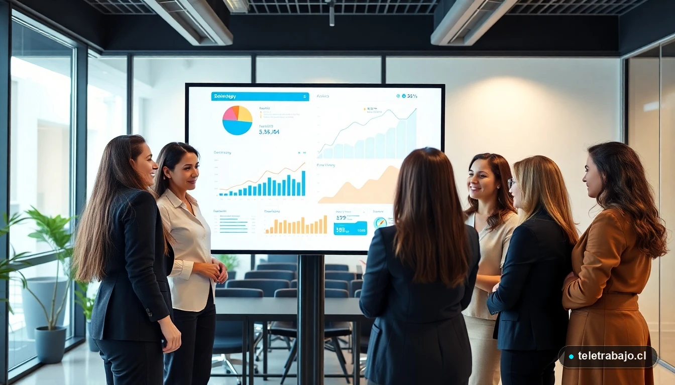 Mujeres profesionales chilenas analizando estrategias laborales en una oficina moderna