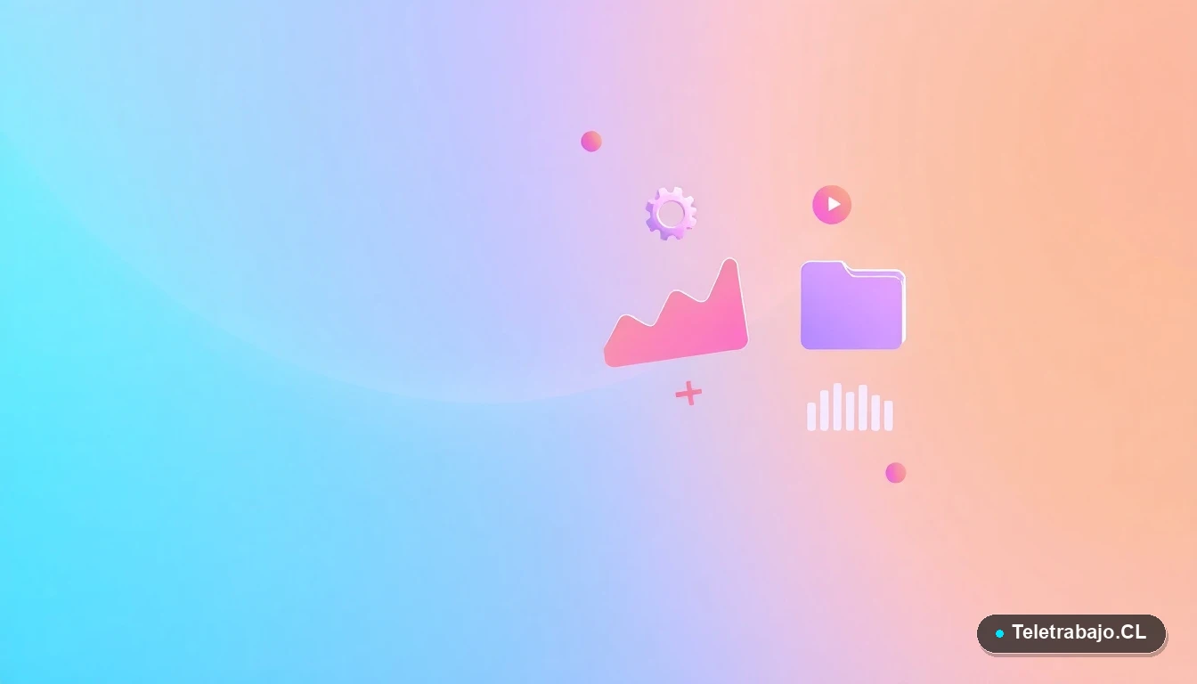 Composición abstracta de iconos tecnológicos flotantes como gráficos y engranajes, sobre fondo degradado verde menta, concepto de retribución flexible y datos.