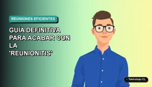 Ilustración vectorial plana de un trabajador remoto chileno con camisa azul, en un fondo degradado verde azulado, representando reuniones de trabajo eficientes.