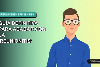 Ilustración vectorial plana de un trabajador remoto chileno con camisa azul, en un fondo degradado verde azulado, representando reuniones de trabajo eficientes.