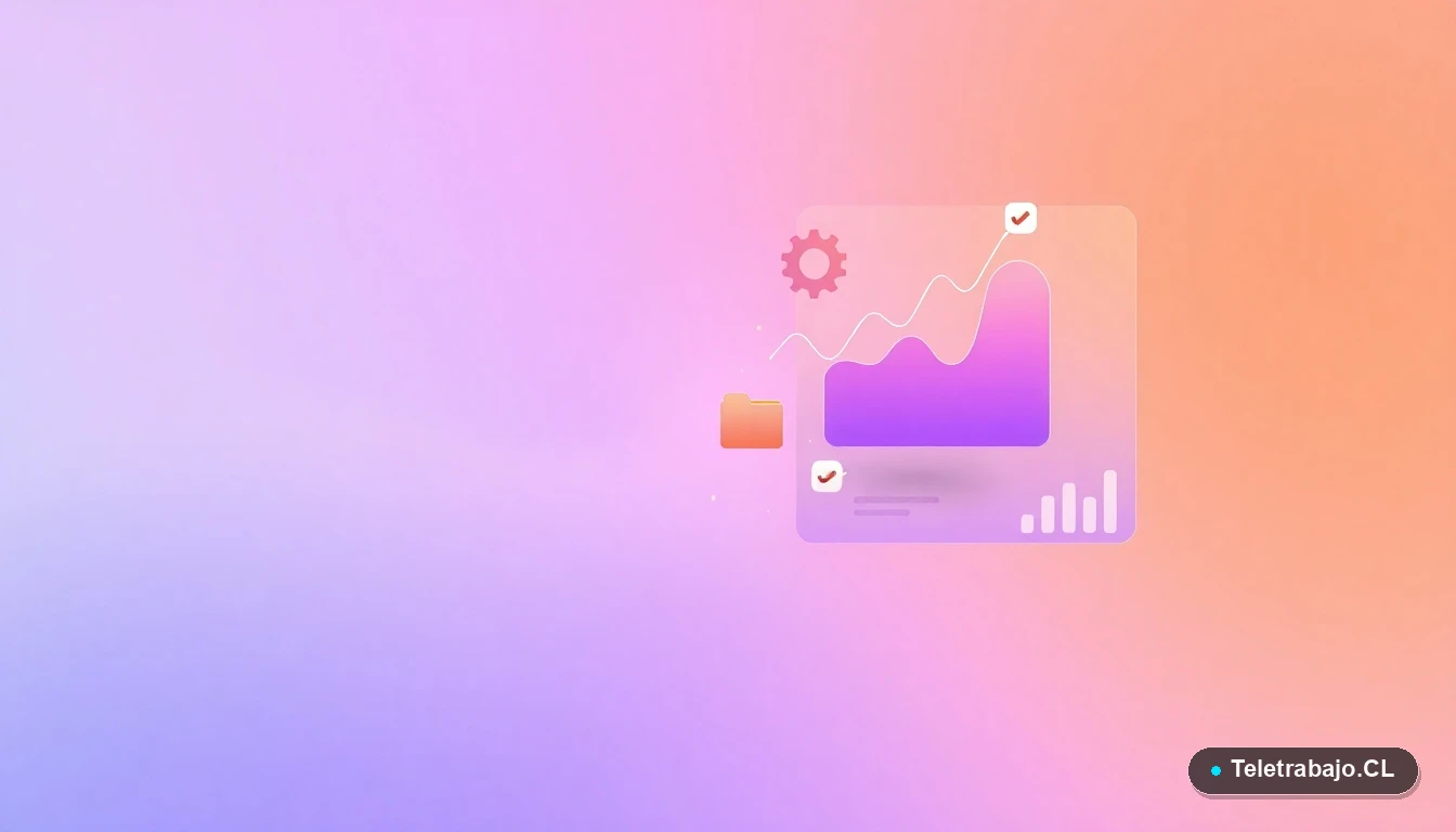 Composición abstracta de interfaz de usuario con gráficos flotantes y engranajes estilizados en colores lavanda y durazno, sobre fondo degradado, concepto de productividad y tecnología.