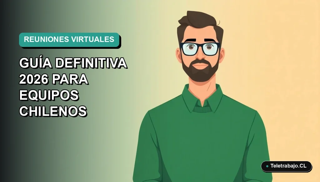 Ilustración plana corporativa de un trabajador chileno en reunión virtual, fondo degradado azul verdoso.